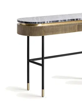 Designové a luxusní konzolové stolky Estila Luxusní oválný zlatý glamour konzolový stolek Chamoix se dvěma šuplíky a černou mramorovou vrchní deskou 130 cm