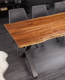 Designové a luxusní jídelní stoly Estila Industriální jídelní stůl Mammut z akáciového masivu v hnědé barvě na černých zkřížených nohách z kovu