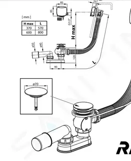 Koupelna RAVAK Odtokové systémy Vanová odtoková a přepadová souprava, délka 570 mm, bowden, chrom X01507