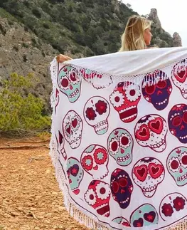 Ručníky Barevný kulatý plážový bavlněný ručník / osuška s třásněmi Happy Skull - Ø180 cm Mycha Ibiza new 34012