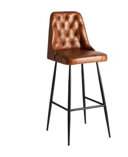 Luxusní barový nábytek Estila Luxusní kožená barová židle Kingsley ve vintage stylu s hnědým potahem a černýma nohama z kovu 108cm