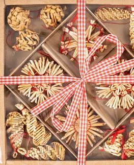 Vánoční dekorace Sada slaměných ozdob se zvonečky, 27 ks