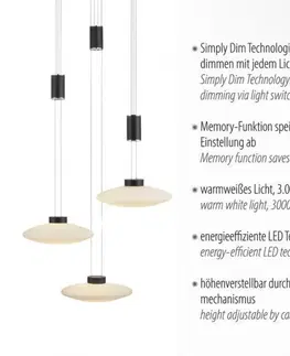 LED lustry a závěsná svítidla PAUL NEUHAUS LED závěsné svítidlo, 3 ramenné, kruhové, černá, stmívatelné, nastavitelná výška SimplyDim 3000K