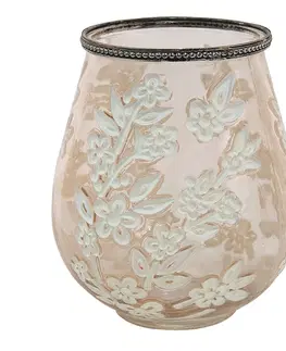 Svícny Béžovo-hnědý skleněný svícen na čajovou svíčku s květy Teane  - Ø 10*9 cm Clayre & Eef 6GL3496