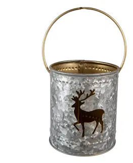 Svícny Šedý  plechový svícen na čajovou svíčku s jelenem a držadlem - Ø 9*10 cm Clayre & Eef 6Y5396