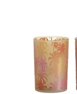 Svícny 2 ks oranžovo růžový skleněný svícen s palmami - 12*12*18 cm J-Line by Jolipa 92155