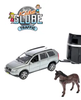 Hračky MIKRO TRADING - Kids Globe Traffic Volvo XC90 14cm kov zpětný chod s přívěsem pro koně v krabičce