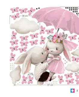Samolepky na zeď Samolepka na zeď - Zajíci letící na růžovém deštníku