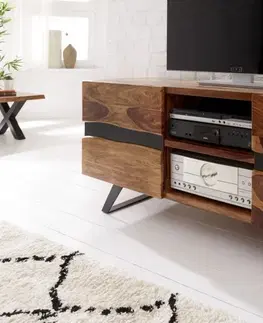 Luxusní a designové televizní stolky Estila Designový TV stolek Sheesham z masivního dřeva s dvěma dvířky a černými kovovými nohami 160cm