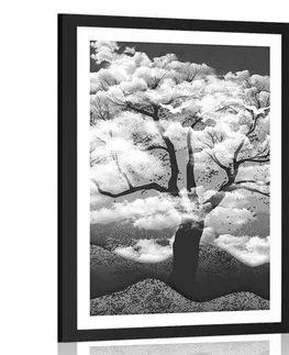 Černobílé Plakát s paspartou černobílý strom zalitý oblaky