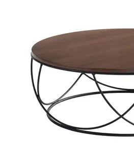 Designové a luxusní konferenční stolky Estila Luxusní kulatý konferenční stolek Nordica Nogal z hnědého dřeva v provedení ořech s černou kovovou podstavou 90 cm