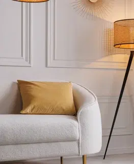 Luxusní a designové stolní lampy Estila Moderní stojací lampa Citadel s kulatým stínítkem s vídeňským výpletem světle hnědé barvy a černýma nohama 140cm