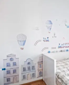 Samolepky na zeď Samolepky do dětského pokoje - Modré domky s horkovzdušnými balóny