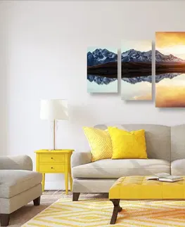 Obrazy přírody a krajiny 5-dílný obraz oslnivý západ slunce nad horským jezerem