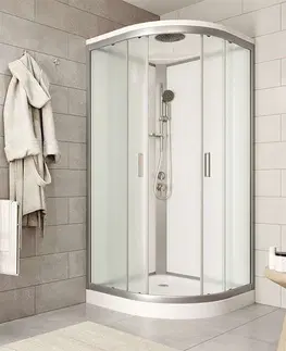 Sprchové vaničky MEREO Sprchový box, čtvrtkruh, 90 cm, satin ALU, sklo Point, zadní stěny bílé, litá vanička, se stříškou CK35122KMSW