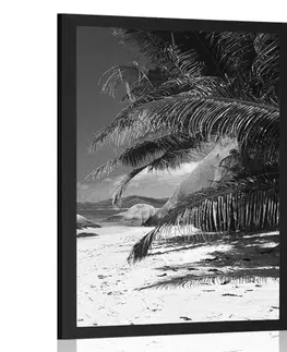 Černobílé Plakát krásy pláže Anse Source v černobílém provedení