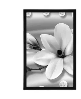 Černobílé Plakát luxusní magnolie s perlami v černobílém provedení