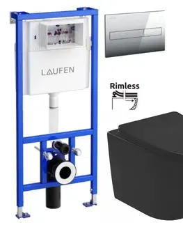 Záchody LAUFEN Rámový podomítkový modul CW1 SET s chromovým tlačítkem + WC REA CARLO MINI RIMLESS ČIERNY MAT + SEDADLO H8946600000001CR MM1