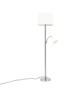 Stojaci lampy Klasická stojací lampa z oceli s bílým stínidlem a světlem na čtení - Retro