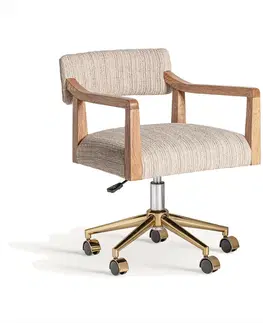 Designové a luxusní židle do pracovny a kanceláře Estila Luxusní otočné kancelářské křeslo Raias ve stylu art deco s béžovým čalouněním s dřevěnými opěrkami na ruce 55 cm