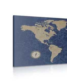 Obrazy mapy Obraz mapa světa s kompasem v retro stylu na modrém pozadí