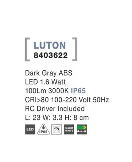 LED venkovní nástěnná svítidla NOVA LUCE venkovní nástěnné svítidlo LUTON tmavě šedý ABS LED 1.6W 3000K IP65 100-220V vč. driveru 8403622
