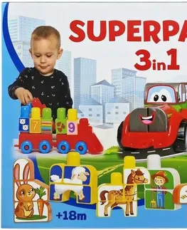 Hračky stavebnice DOHÁNY TOYS - Stavebnice vláček s traktorem a zvířátka Superpack 3v1