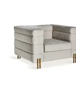 Luxusní a designová křesla a fotely Estila Luxusní Art-deco čalouněné křeslo Kravitz s prošíváním v šedo-bílé sametové barvě se zlatými kovovými nožičkami 109cm