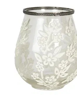 Svícny Skleněný bílý svícen / váza s květy a zdobeným hrdlem - Ø 12*13 cm Clayre & Eef 6GL2875