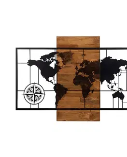 Bytové doplňky a dekorace Wallity Nástěnná dřevěná dekorace WORLD MAP II hnědá/černá