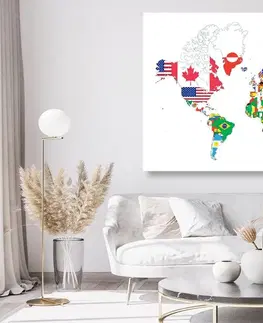 Obrazy na korku Obraz na korku mapa světa s vlajkami s bílým pozadím
