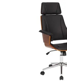 Designové a luxusní křesla do pracovny a kanceláře Estila Designová kožená otočná kancelářská židle Madison s dřevěnými prvky na kolečkách hnědá černá 64 cm