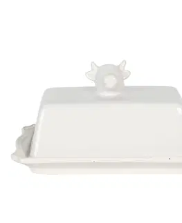 Dózy na potraviny Bílá keramická máslenka s krávou Campagne - 18*14*8 cm Clayre & Eef 6CE1136