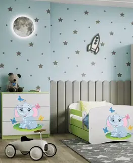 Dětské postýlky Kocot kids Dětská postel Babydreams slon s motýlky zelená, varianta 70x140, bez šuplíků, bez matrace