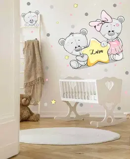 Samolepky na zeď Samolepky do dětského pokoje - Růžoví medvídci s hvězdičkou a se jménem