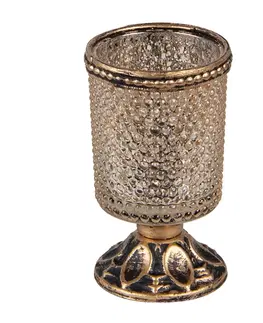 Svícny Zlatý antik skleněný svícen na noze na čajovou svíčku - Ø 5*10 cm Clayre & Eef 6GL3349