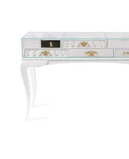 Designové a luxusní konzolové stolky Estila Luxusní bílý konzolový stolek Mondrian z lakovaného masivního dřeva a čirého skla se zlacenými detaily 85 cm