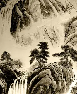 Černobílé obrazy Obraz čínská krajinomalba v sépiovém provedení