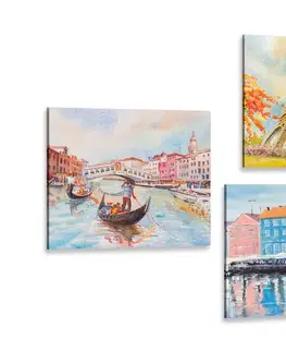 Sestavy obrazů Set obrazů malované města v pastelových barvách