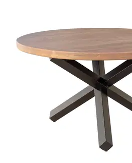 Designové a luxusní jídelní stoly Estila Industriální kulatý jídelní stůl Delia z hnědého akáciového dřeva s černýma kovovými nohami 130cm