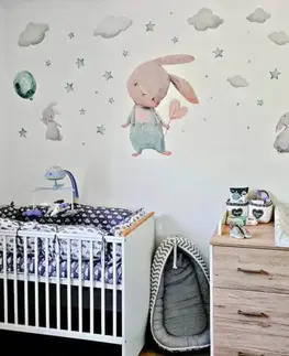 Samolepky na zeď Samolepka do dětského pokoje - Zajíčci s hvězdičkami v mentolové barvě