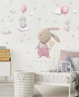 Samolepky na zeď Samolepka na zeď - Akvarelový zajíček a malé zajíčky s balony