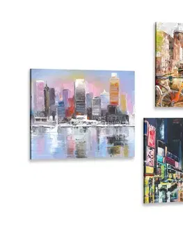 Sestavy obrazů Set obrazů města s imitací olejomalby