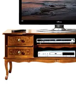 Luxusní a designové televizní stolky Estila Masivní luxusní klasický TV stolek Clasica se čtyřmi šuplíky a dvěma poličkami s rustikálním zdobením 123cm