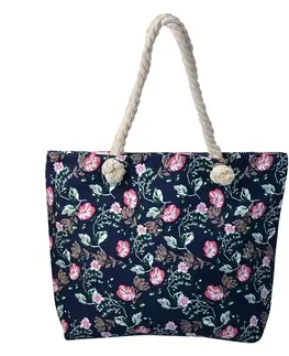 Nákupní tašky a košíky Tmavě modrá plážová taška s květy - 43*33 cm Clayre & Eef JZBG0262BL