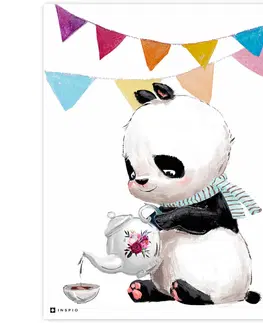 Obrazy do dětského pokoje Obrázek Pandy s čajníkem a vlajkami