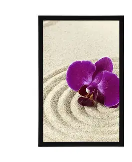 Feng Shui Plakát písečná Zen zahrada s fialovou orchidejí