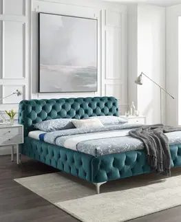 Luxusní a stylové postele Estila Luxusní chesterfield manželská postel Modern Barock v tyrkysové barvě se stříbrnými nožičkami 180x200cm