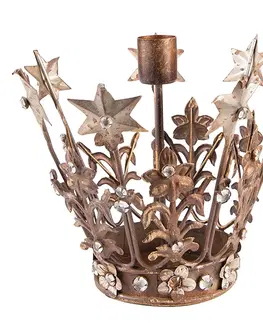 Svícny Měděno - hnědý antik kovový svícen koruna Crown s kamínky - Ø 17*15 cm Clayre & Eef 6Y5445