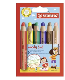 Hračky STABILO - Pastelky woody 3 v 1 - barvička, vdodovka, voskovka - 6 ks různých barev